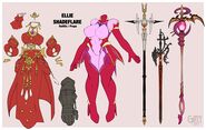 Ellies regalia, from left to right: Ellie's dancing outfit and her headdress, her gauntlet, her Tim,e Knight uniform, Kaladanda, Murgleis and the Staff of Eldritch Sovreignty.